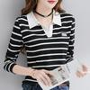 Spring Autumn Polo-neck Striped Printing Patchwork T-shirt Women Long Sleeve Vintage All-match Pullover Tee Top