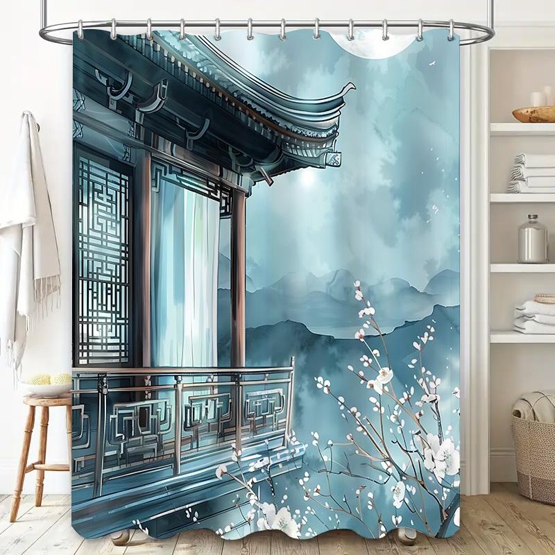 

Elegant Ancient Architecture Shower Curtain For Bathroom - Watercolor Mountains And Blossoms Design, Durable And Waterproof W60H190(CM)-1 Pcs