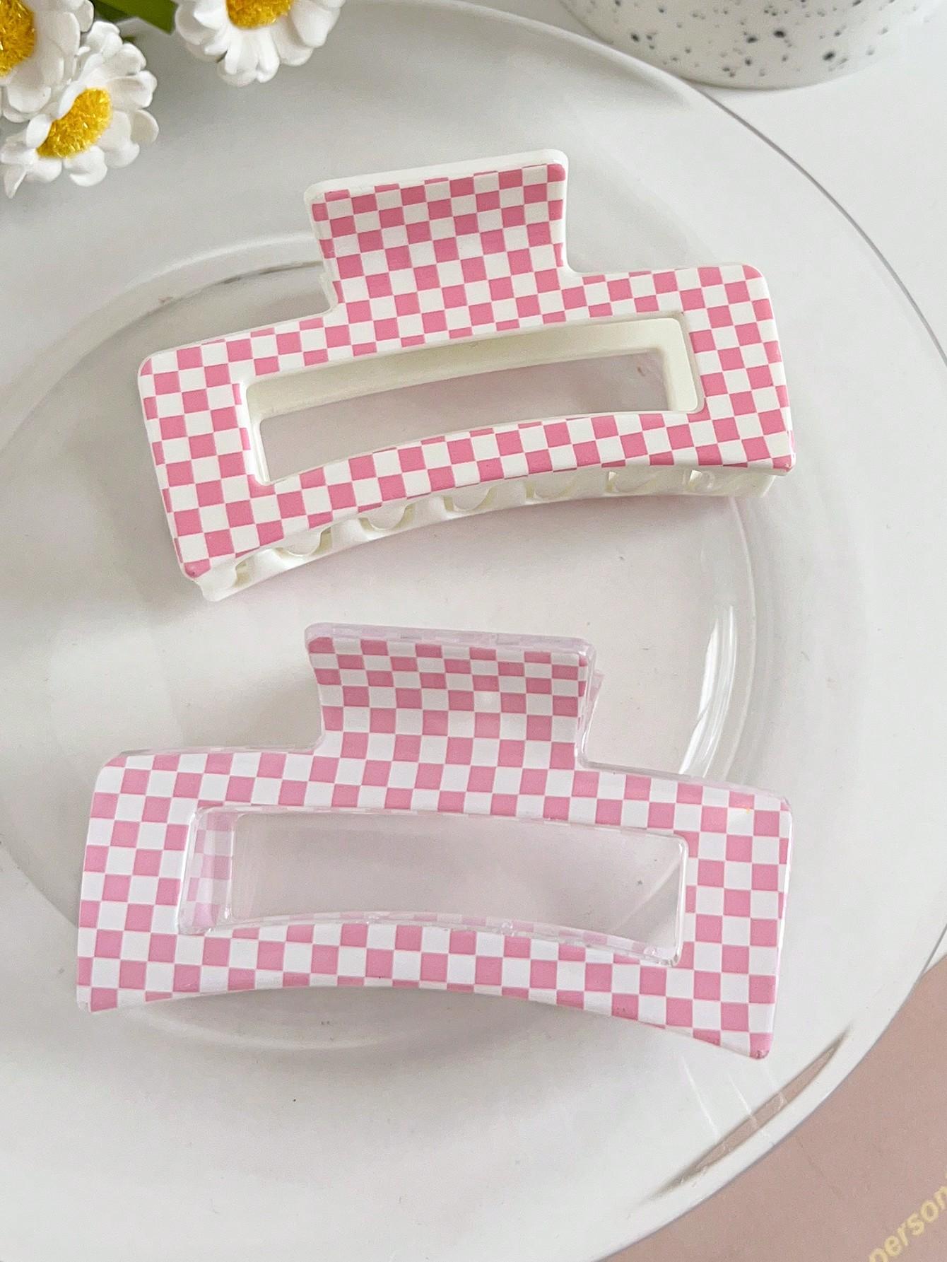 

2 шт. Клетчатые точки зажим для волос, прямоугольники простые заколки для волос Y2K клетчатые шпильки аксессуары для волос для женщин густые волосы(Розовый черный) Size fits all
