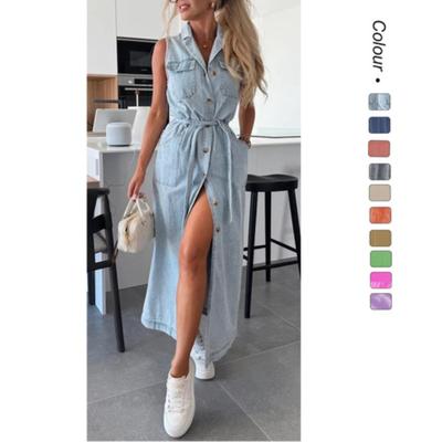 Rochii Denim Fără Mâneci pentru Femei, cu Nasturi, cu Șiret în Talie, Maxi, Rochie Jean