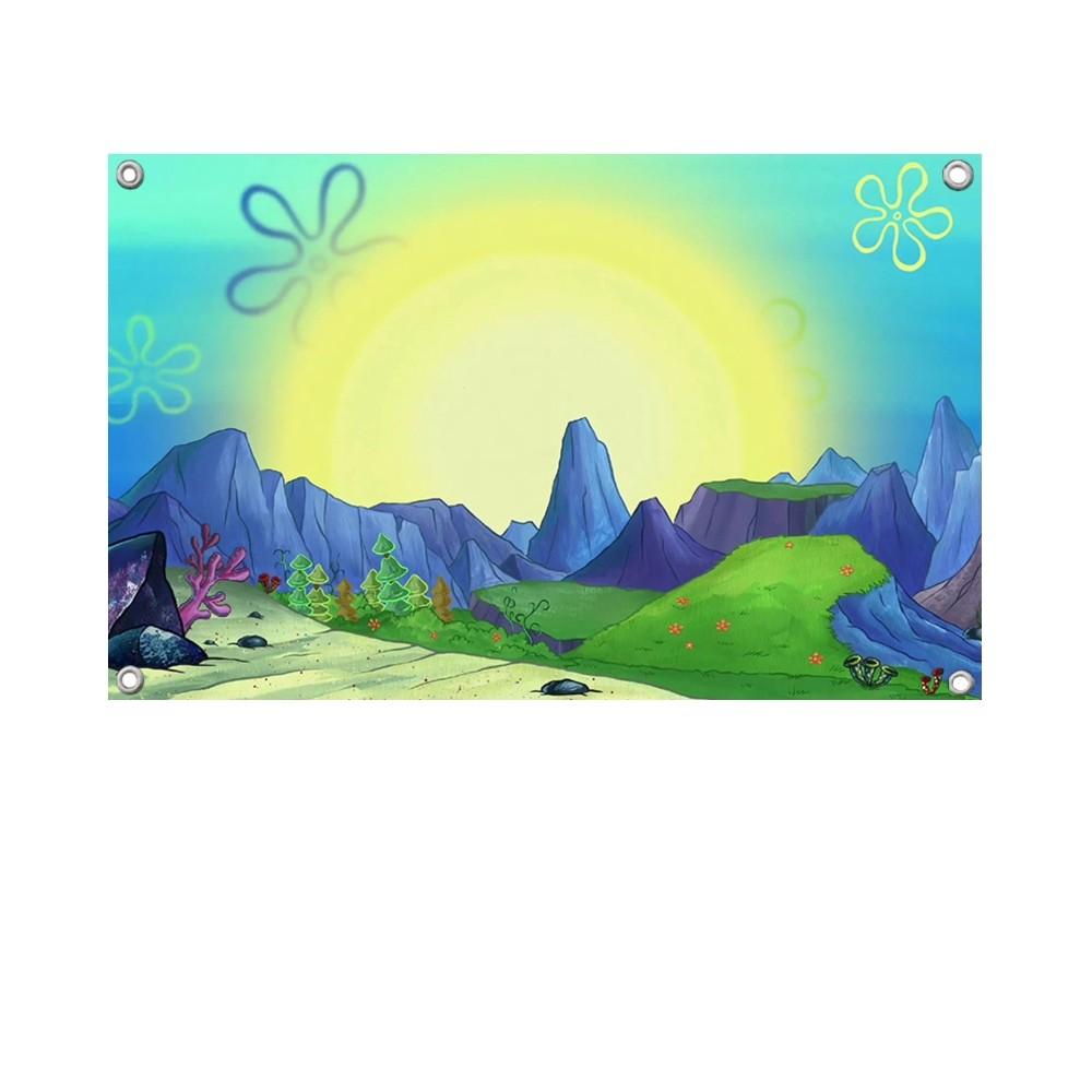 1PCSpongeBob SquarePants Bikini Bottom Flag Banners Four Hole Flag Polyester Outdoor Decor Room Aesthetic