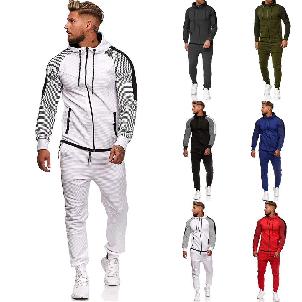 Men's Spring & Round Neck Hooded Colour Blocking Cardigan Sweatshirt Suit