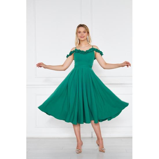 Women's Adjustable Strap Ruffle Detailed Collar Pleated Flared Midi Evening Dress