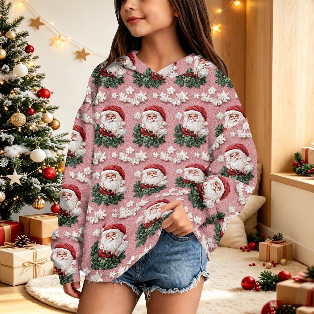 Blusão casual de lã polar para crianças com estampa de Natal e design com capuz