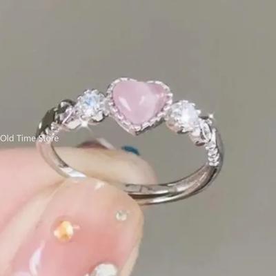 Trend Pink Love Heart Crystal Rings for Women Kpop Love Zircon Open Ring Irregular Aesthetic Girl Rings Jewelry