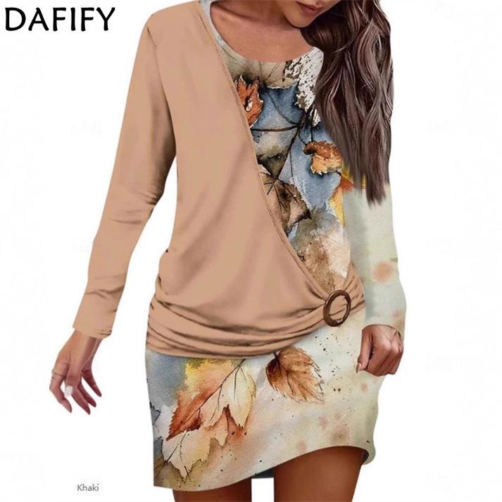 DAFIFY Women's Fashion Spring Fall Colour Block Print Long Sleeve O-Neck Loose Waistline Casual Dresses
