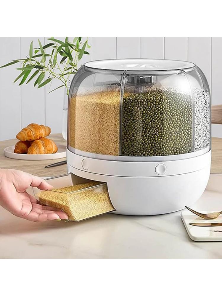 360° rotating 6-grid grain dispenser, one-touch output storage container for rice grain sealing and moisture-proof organizer