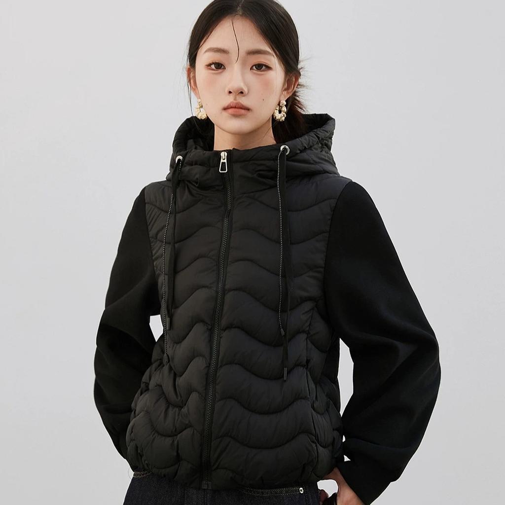 Autumn and winter light and wavy cotton-padded clothes loose short casual sweater sleeves jacket splicing hooded ribs cotton-padded clothes women