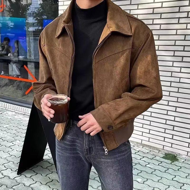 Korean Men’s Suede Bomber Jacket - Autumn/Winter, Loose Fit, Lapel, Zipper, American & Hong Kong Style