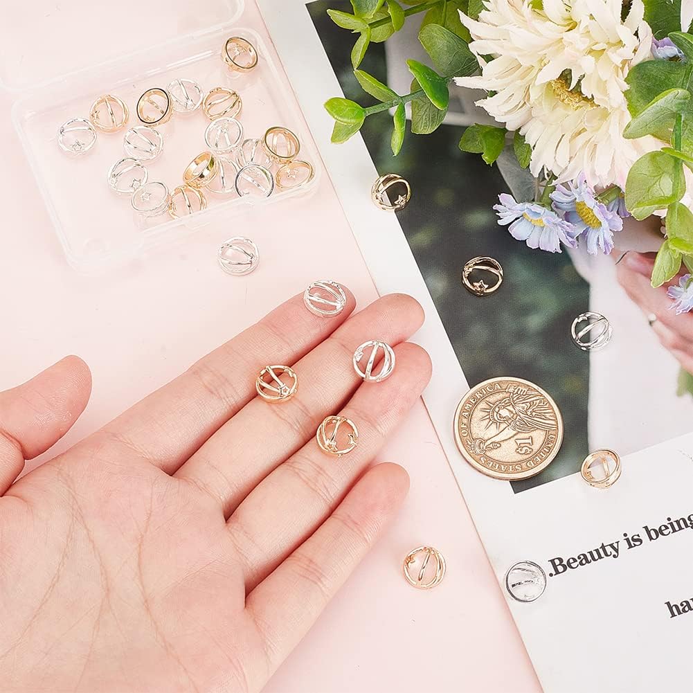 PH PandaHall 28 Round Beaded Frame,Gold and Silver Spacer Beads Round Frame Pendant Brass Bead Frame with Star Double Hole Bead Pendant for Jewelry