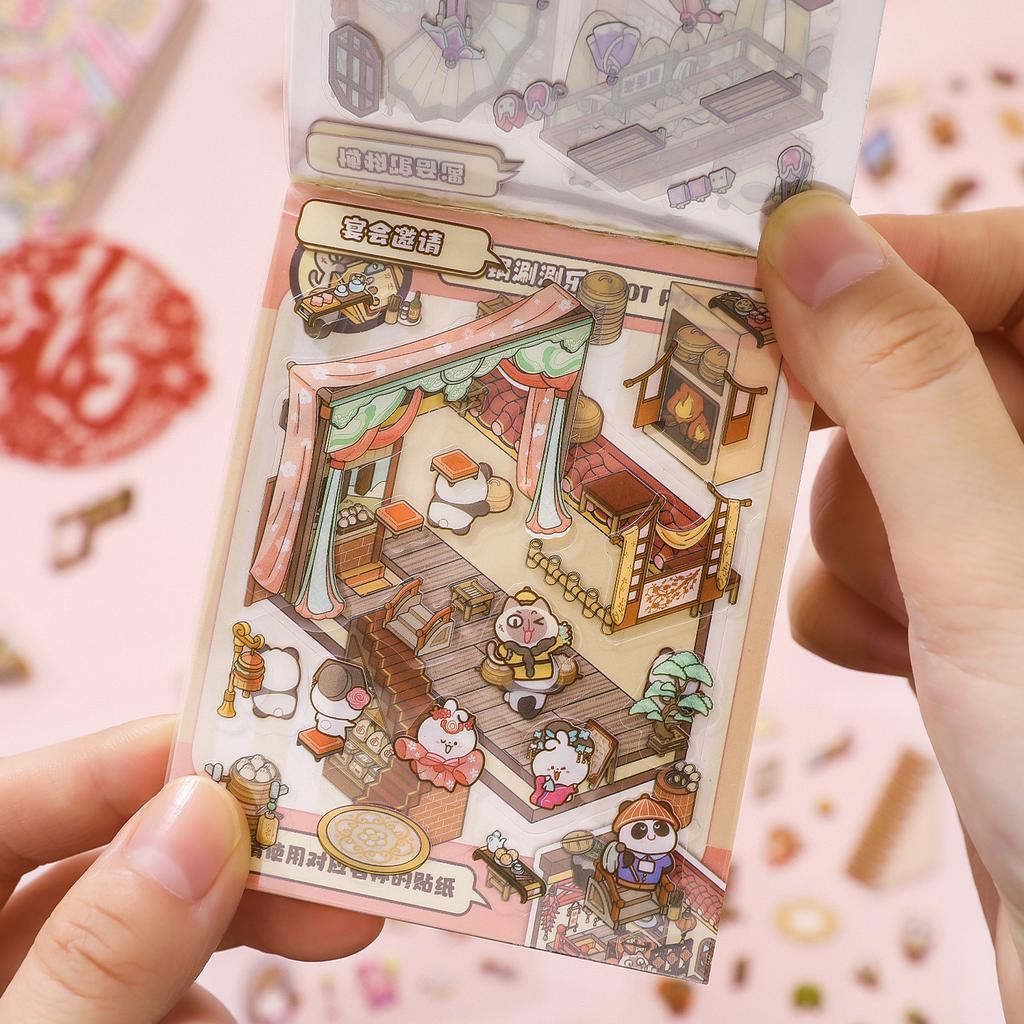 8 scenes in 1 Kawaii cartoon 2.5D miniature scene mini sticker book visual stacking and pasting DIY scrapbook deco sticker
