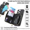 For iPhone 16 Pro Case Zipper Card Holder PU Leather Phone Back Cover with Long Strap