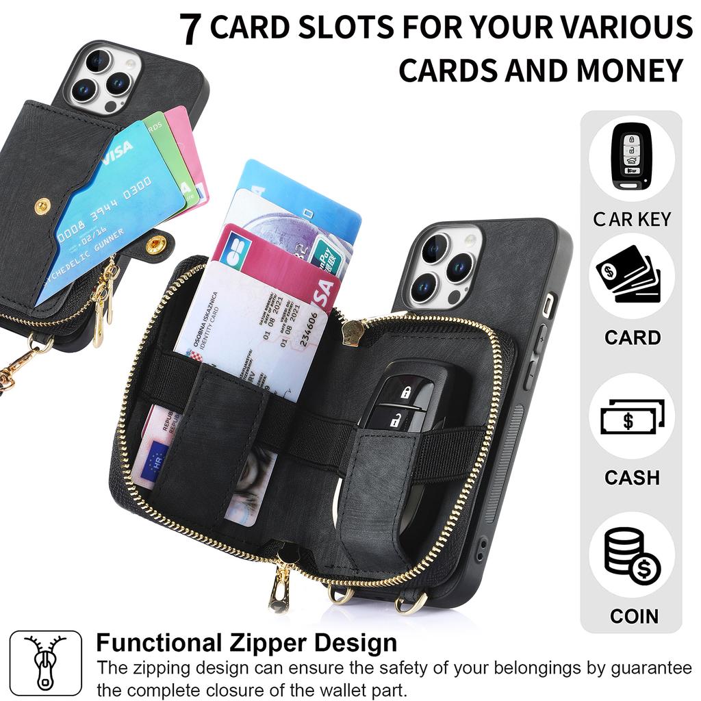 For iPhone 16 Pro Case Zipper Card Holder PU Leather Phone Back Cover with Long Strap