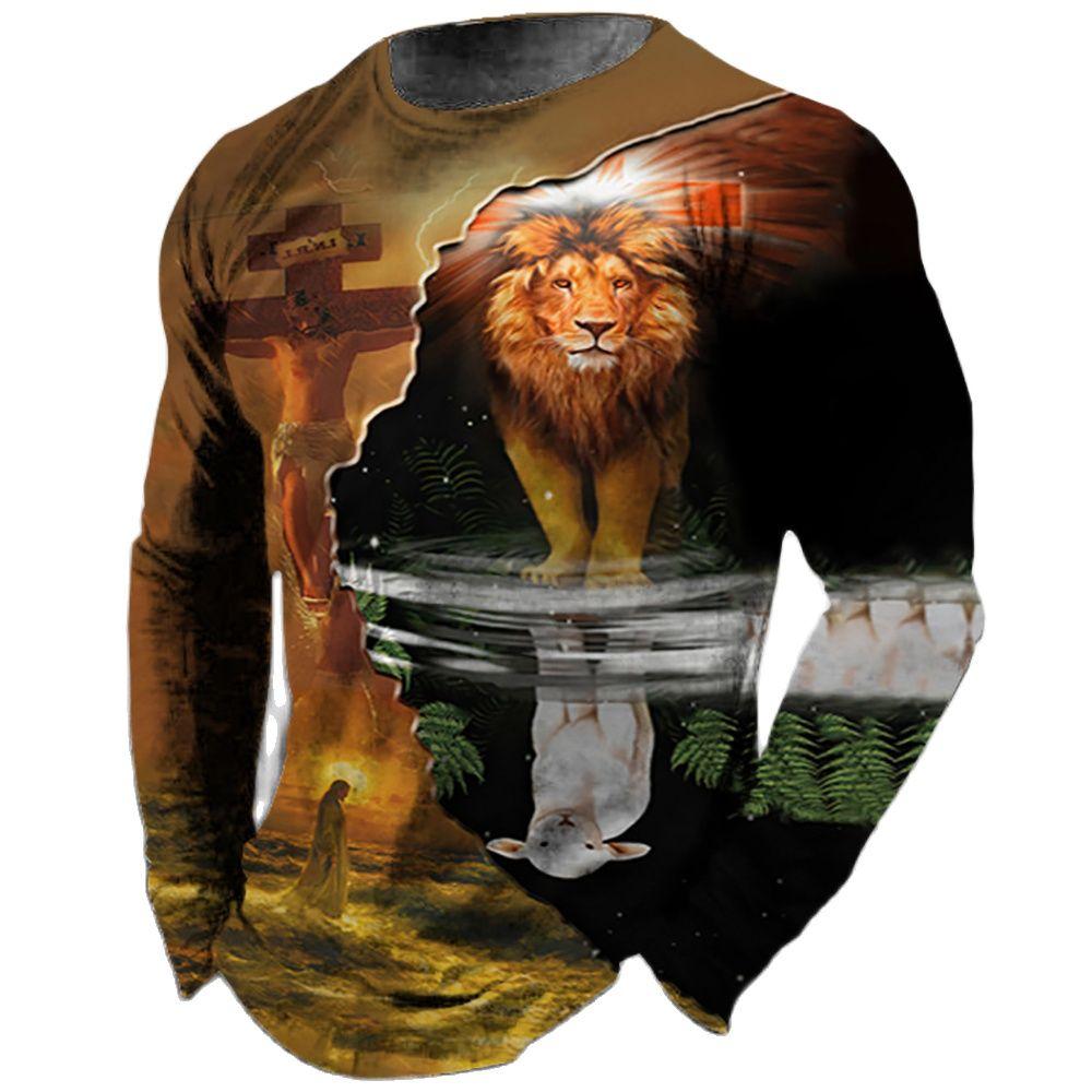 God Christ Jesus And Lion 3D Print Men's T-shirts Autumn O-Neck Long Sleeve Cotton Street Loose Tops Tees Oversized T Shirts 5XL