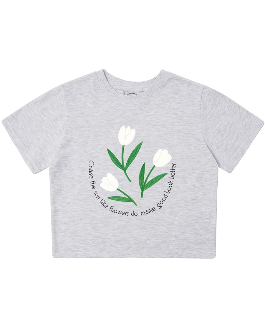Match Glove Three Flower Crop Top (Light Grey) Wh/Free