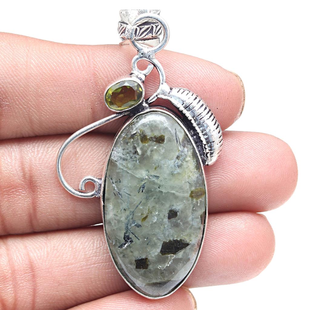 Pendant Prehnite Marlene  Peridot Gemstone Handmade Silver Jewelry 2.5"