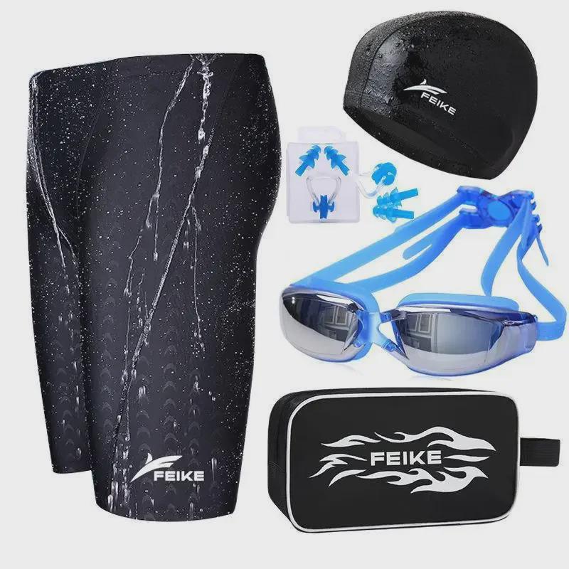 Men’s Quick-Drying Waterproof Swim Trunks with Shark Skin Cap & Goggles Set