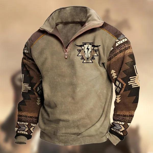 Men's Denim Christmas Ethnic-Style Distressed Print Henley Long-Sleeved Stand-Collar Sweatshirt