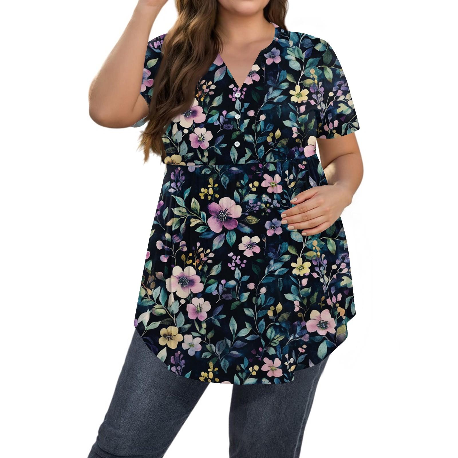 

Женский принт Большой размер V-образный вырез Застегивающаяся на пуговицы блузка Повседневная с коротким рукавом Свободная блузка XL