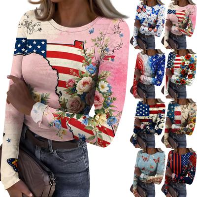 Women's And Winter Slim T-shirt Fashion Casual Printing Round Neck Pullover Long Sleeve Top