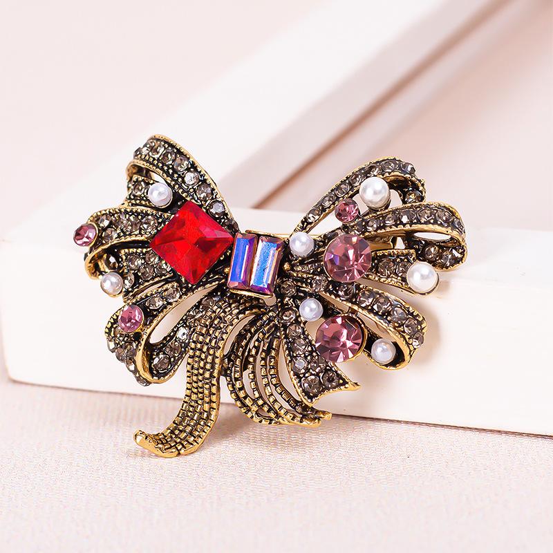 SKEDS Women Girls Vintage Classic Crystal Bow Ribbon Badges Pins Classic Luxury Design Bowknot Pins For Women's Clothing Coat