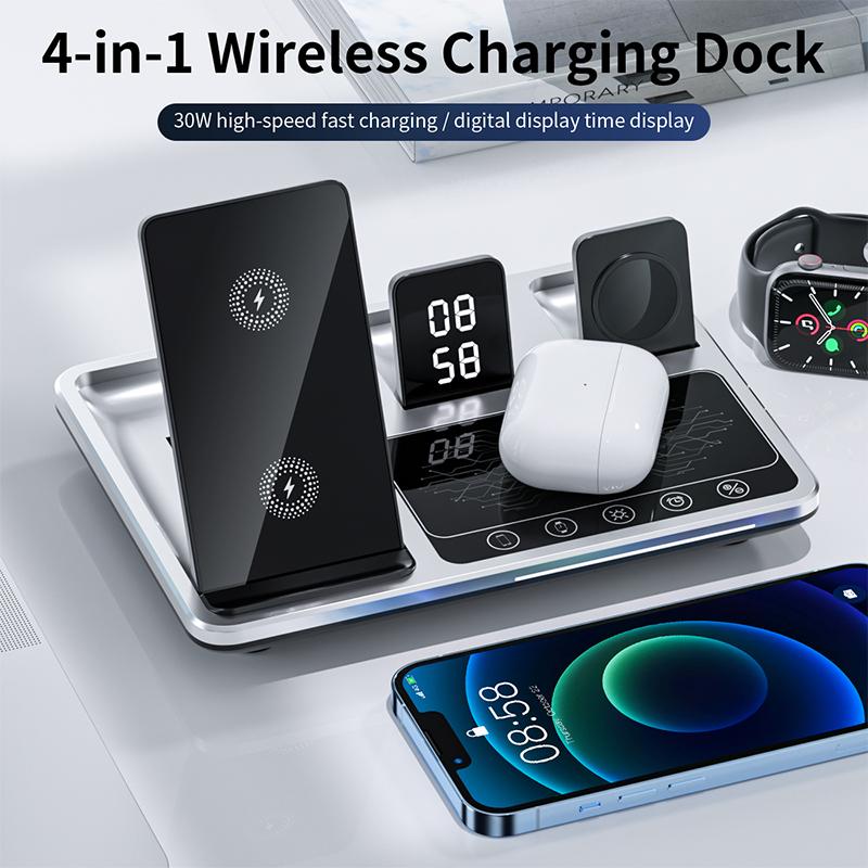 4in1 Wireless Chargers 30W Fast Charging Support iPhone 15 14 13 12 Samsung Phone Ultra-thin Mobile Phone Charger with Clock