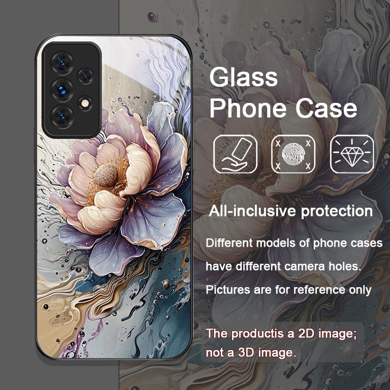 Luxury Lotus Marble Floral Pattern Tempered Glass Phone Case for Samsung Galaxy A56 A72 A55 A54 A53 A52 A36 A15 A14 A13 5G Cover