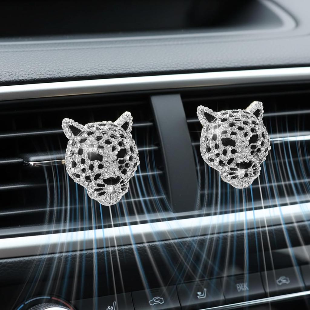 2 Pcs Bling Leopard Air Vent Clips Rhinestone Car Vent Clips Cheetah Print Car Accessories Diamond Bling Accessories for Women(Silver)