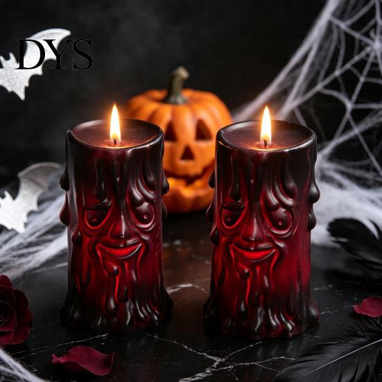 Flameless Simulation Flame Halloween LED Candle, Spooky Face Tree Stump Pillar Haunted House Scene Prop Wax Drip Flickering Fake Candle for