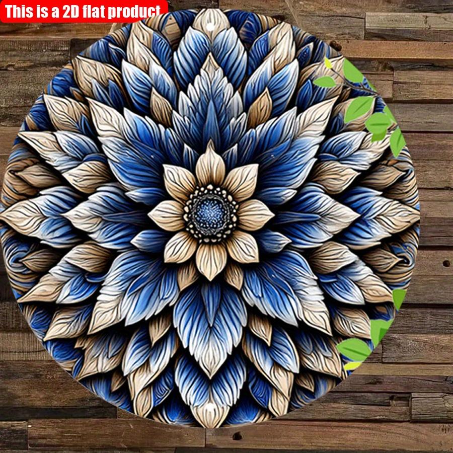 2D Flat 20*20cm 1pc Retro Blue Floral Mandala Round Wall Art Plaque, Nostalgic&Novelty Style Detailed Symmetry Flowers Pattern Environmental Embellish