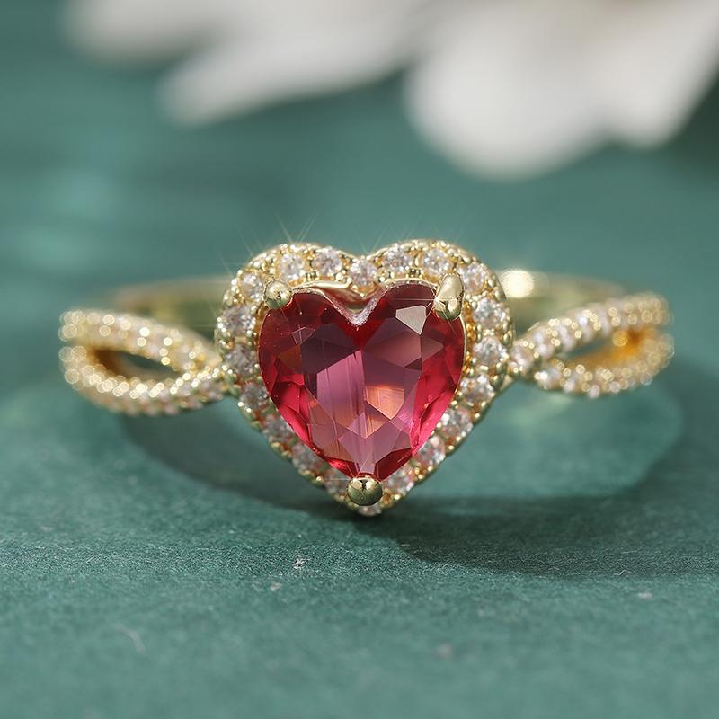 Women's Romantic Love Heart Shaped Red Synthetic Zirconia Ring Fashion Sparkling Wedding Engagement Festival Jewelry Accessories