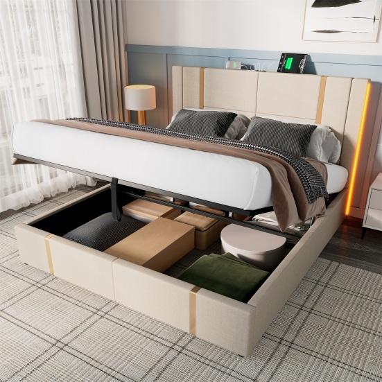 Platform Bed 90/140/160x200CM Double with USB Type-C Charging Station APP Control LED Slatted Frame Wooden Storage Space Modern Beige Linen