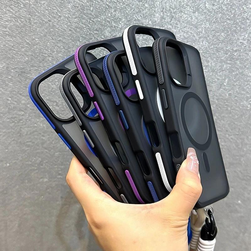 Luxury With Lanyard Matte Phone Case For 11 12 13 14 15 16 17 Pro Max Plus Air Magnetic Bumper Back Cases Cover