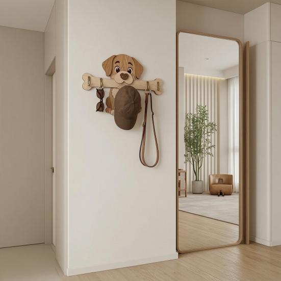 Portachiavi in Legno da Parete, Gancio per Ingresso a Forma di Cane che Tiene un Osso per Casa, Cucina, Corridoio, Organizer Rustico per Chiavi, Guinzaglio per Cani