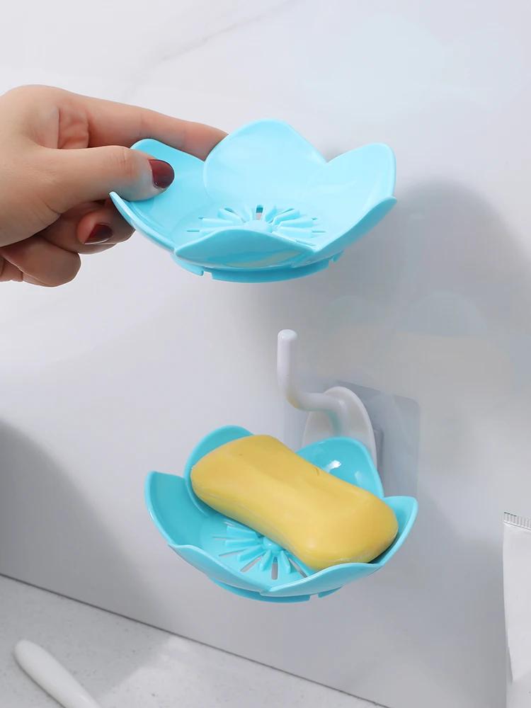 1 Pc - Double Lotus Shape Soap Box: Wall Mounted, Drainage Free, Plastic Soap Dish for Bathroom Storage