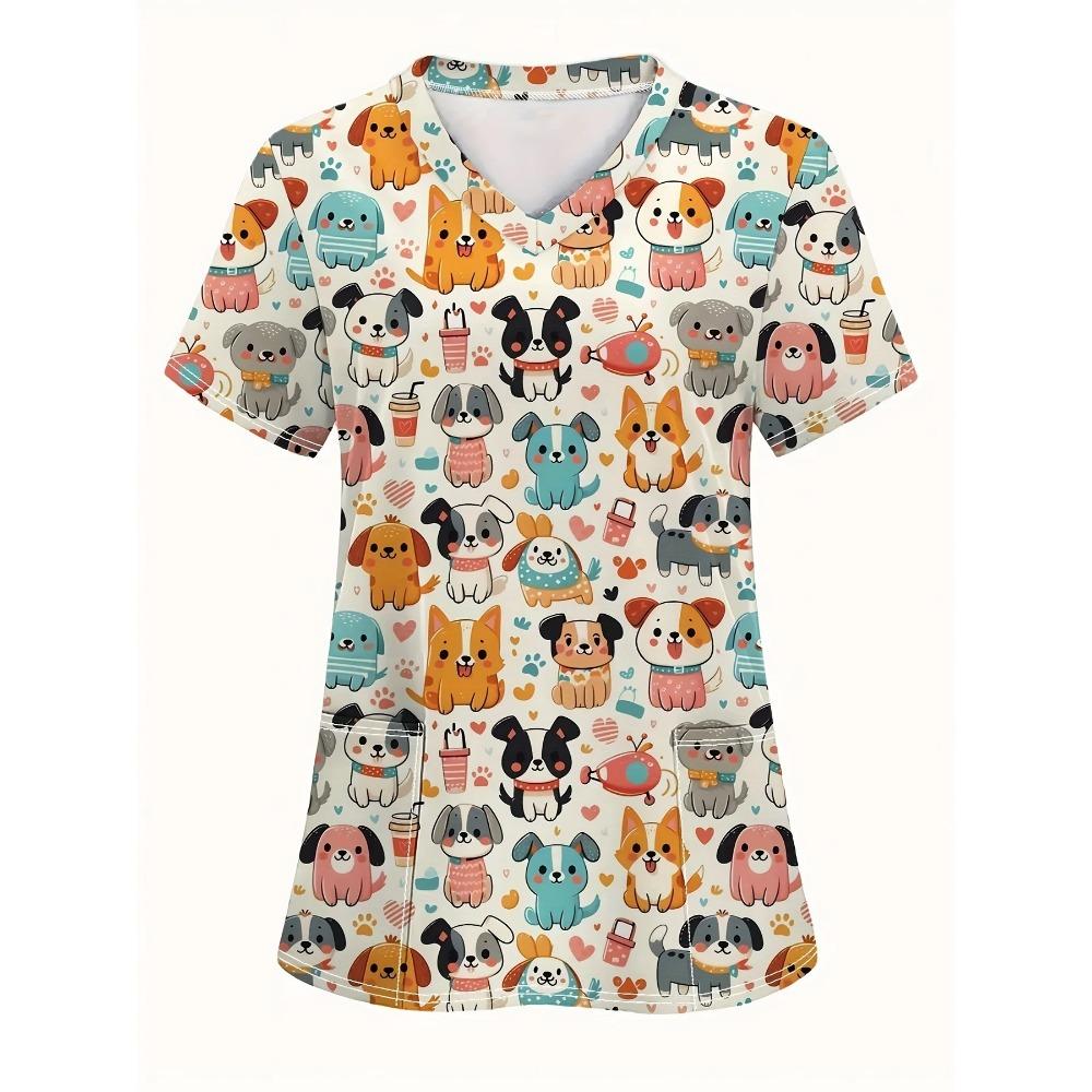 Surgical Uniforms Woman Women's Cute Cartoon Dog Print V-Neck Short Sleeve Top - Breathable Summer Shirt with Pockets
