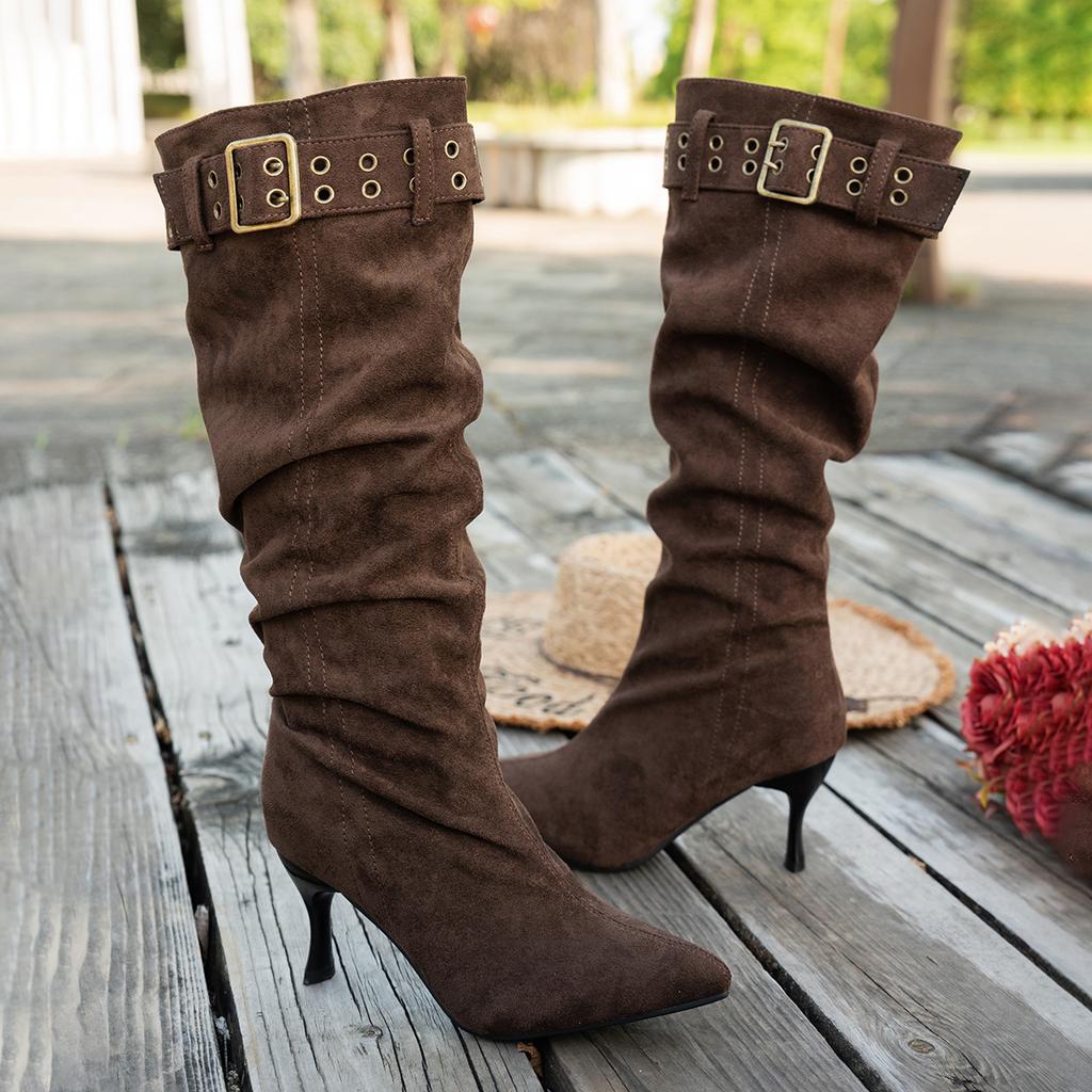 Metal Buckle Western Knee High Boots Women 2025 Winter Vintage Brown Suede Long Boots Sexy High Heel Woman's Y2K Shoes