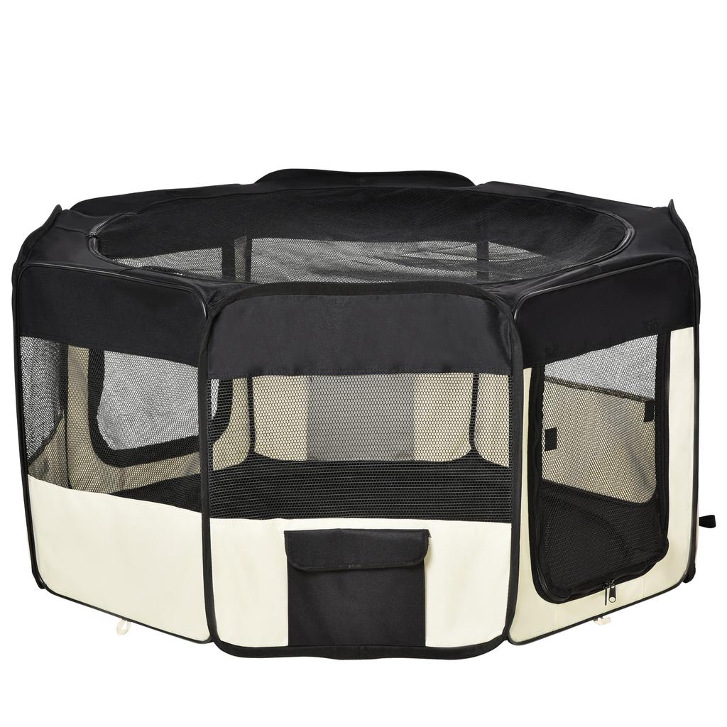 Puppy Playpen Foldable Mesh Cover Dog Playpen Breathable Mesh diameter 120 x 58H cm Black+Cream White