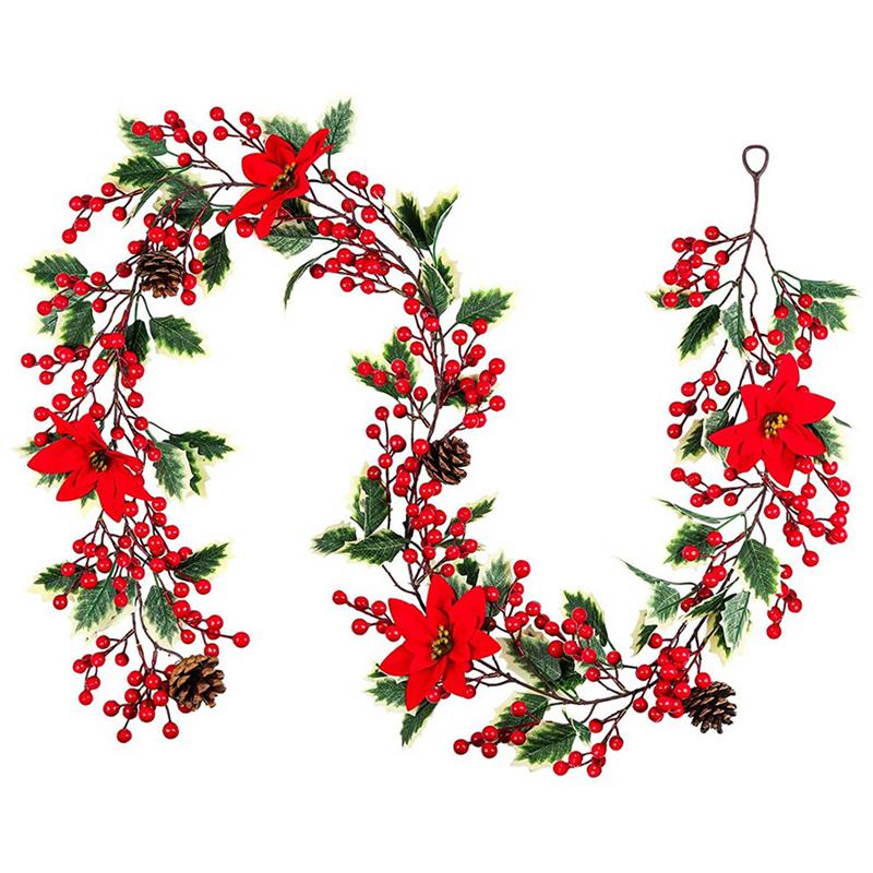ABWR-3X 6.3FT Red Berry Christmas Garland, Artificial Poinsettia Garland,Christmas Berry Garland With Pine Cones