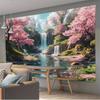 Tapestry s krajinou japonské třešně a vodopádu - Polyesterový závěs na stěnu do obývacího pokoje, ložnice a kanceláře