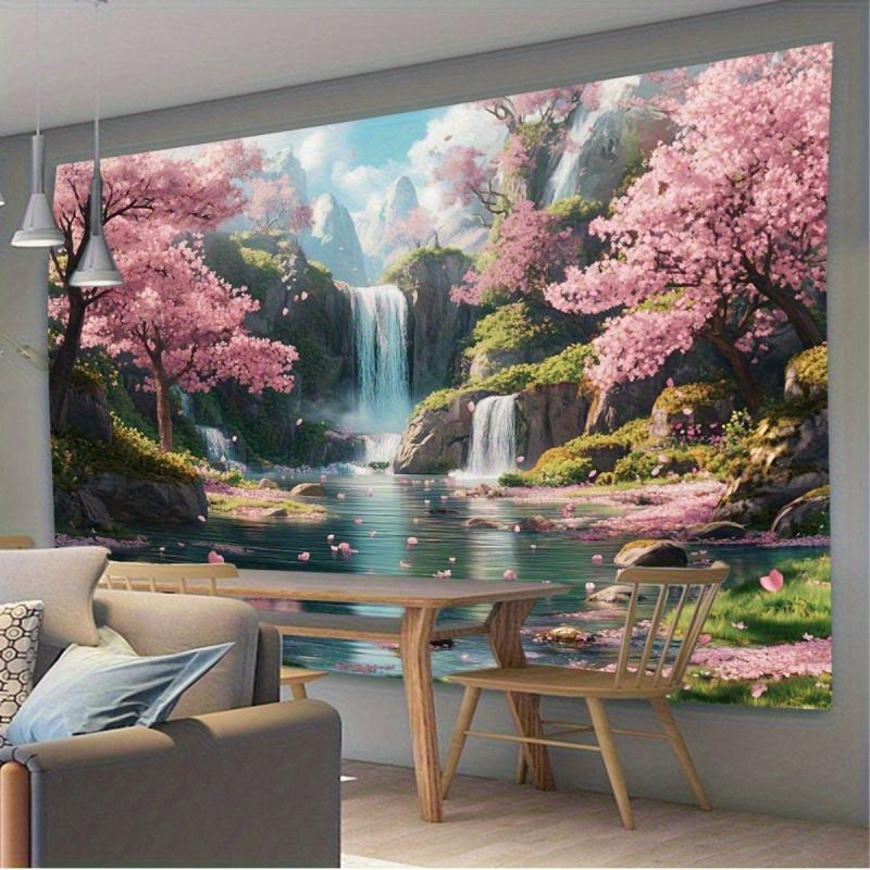 Japanischer Kirschblütenbaum und Wasserfall Landschaft Wandteppich - Polyester Wandbehang für Wohnzimmer, Schlafzimmer und Büro