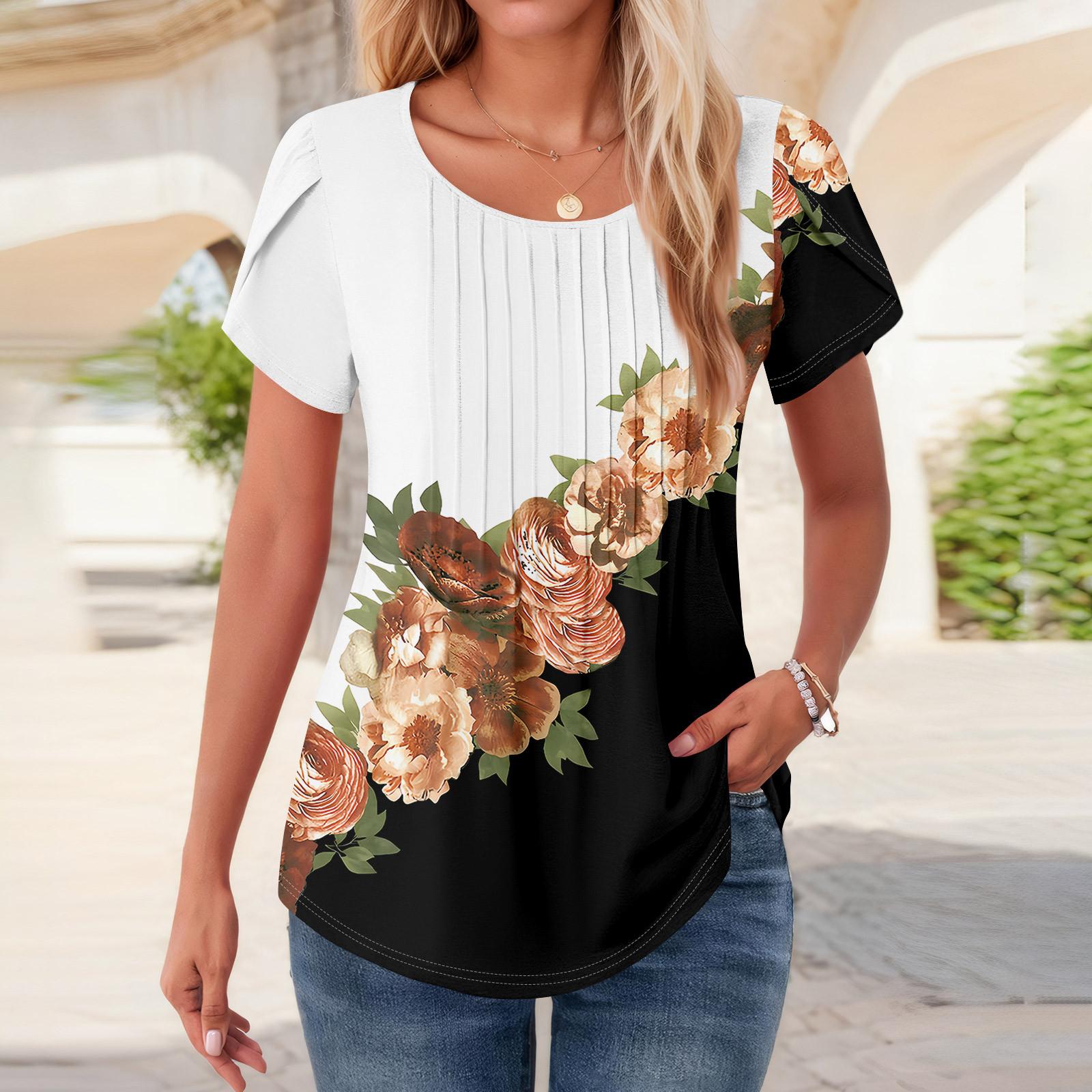 

Женские топы с коротким рукавом и круглым вырезом, летние рубашки с цветочным принтом, блузки для женщин, нарядные повседневные L чёрный