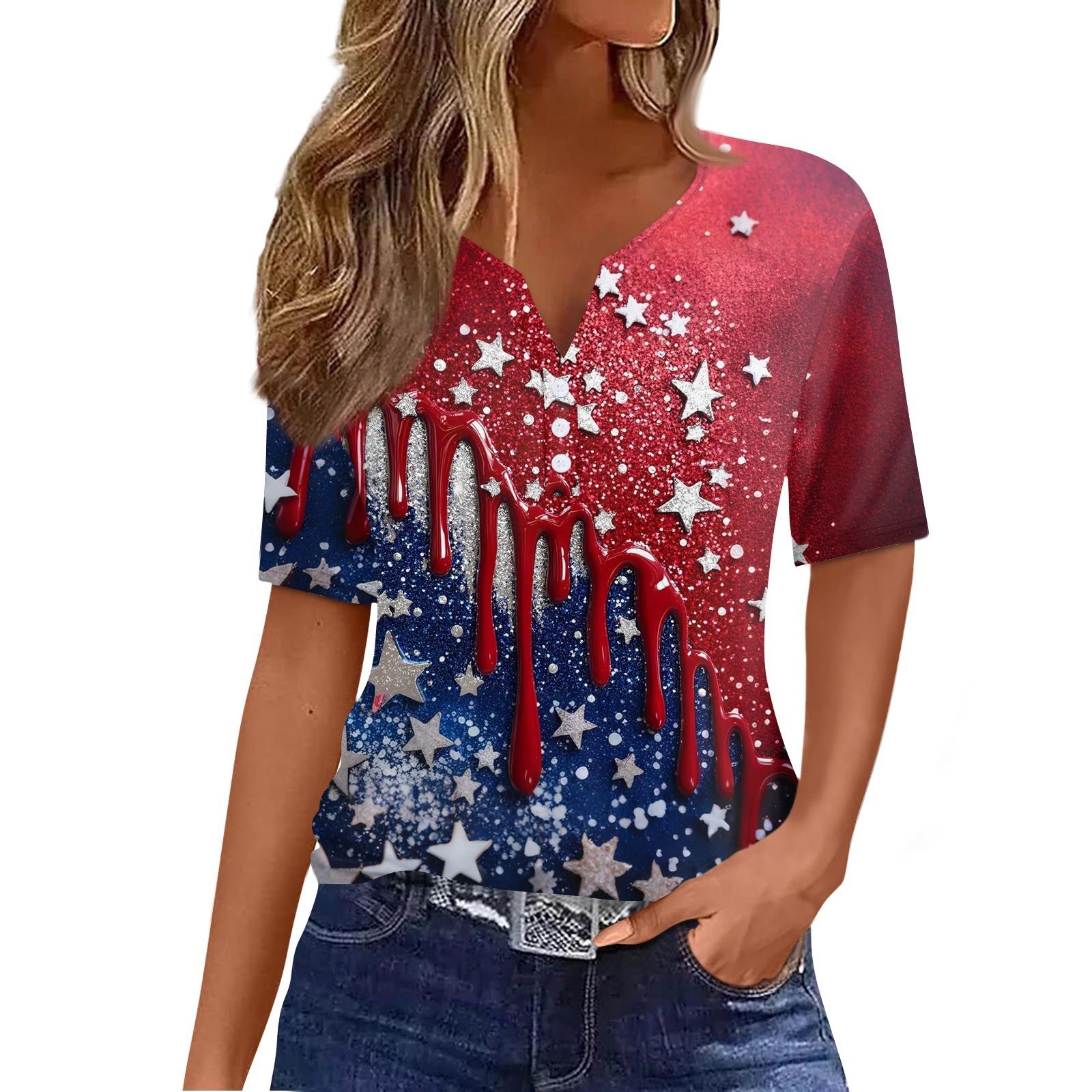 

Женская футболка с принтом «День независимости» на пуговицах с коротким рукавом, повседневная, выходного дня, модная, базовая, с V-образным вырезом, обычная M красный