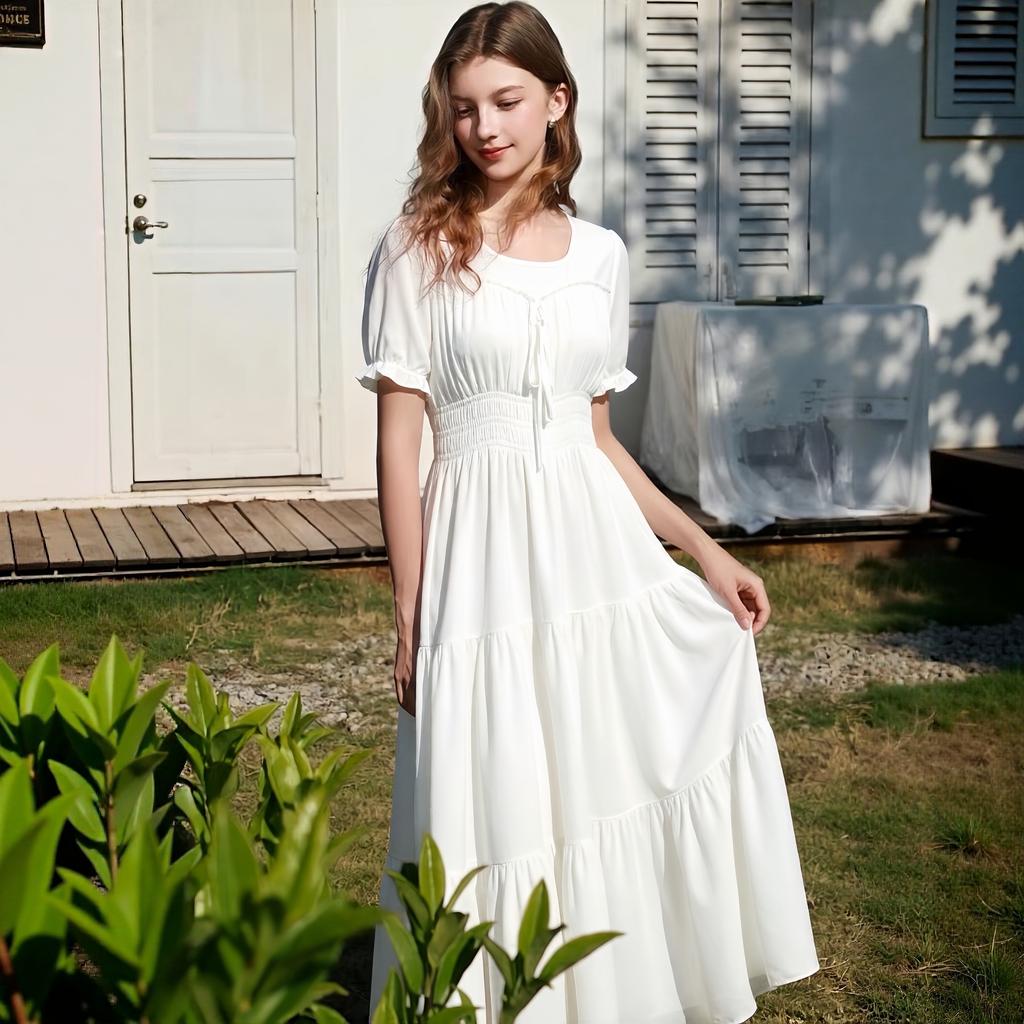Summer Fashion Poly-cotton Square Collar Short-sleeve Midi Dress for Women Solid-color Puff Sleeve Ruffled Splice A-line Vacation Beach Dress