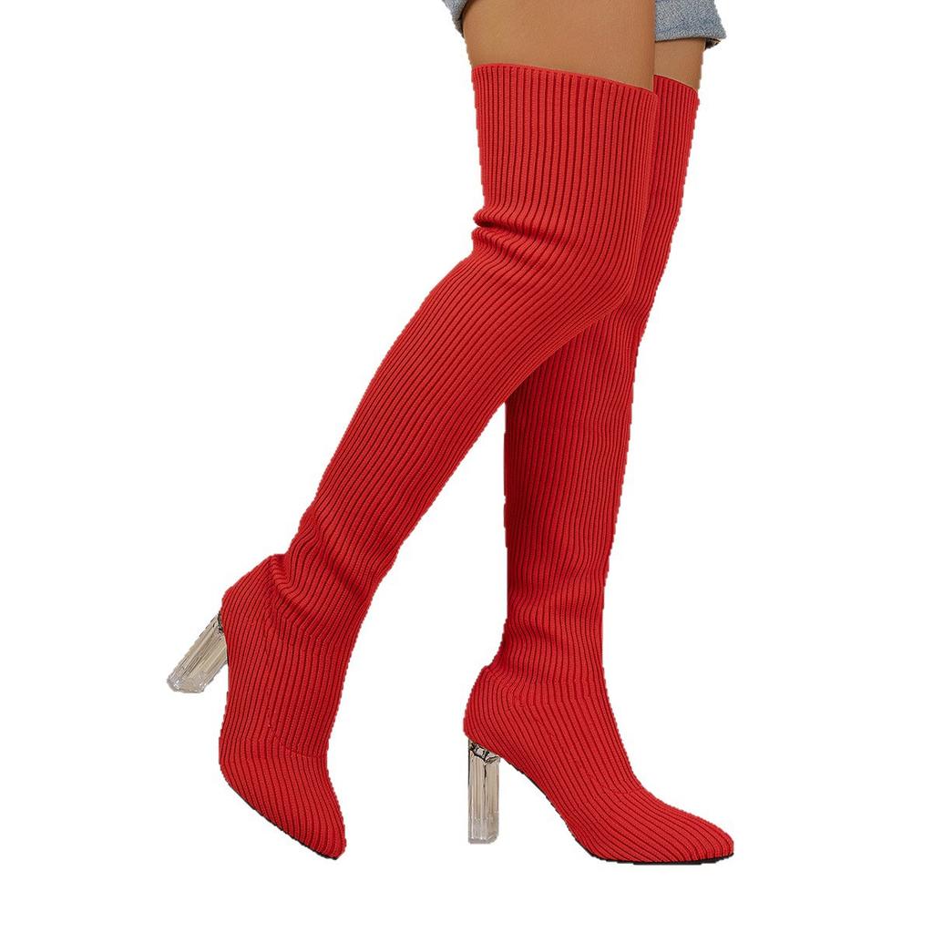 Large size women's boots autumn and winter new pointed thick heel solid color knee knitted wool thick socks knee boots
