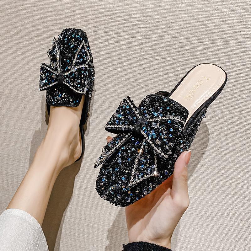

Fashion Square Toe Crystal bowknot slippers women flat heel glitter slides outdoor footwear female rhinestone bow slippers big size 43 4.5