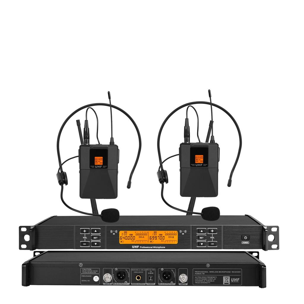 UHF Wireless Dual Microphone System with Lavalier and Headset for Stage and Conference Use