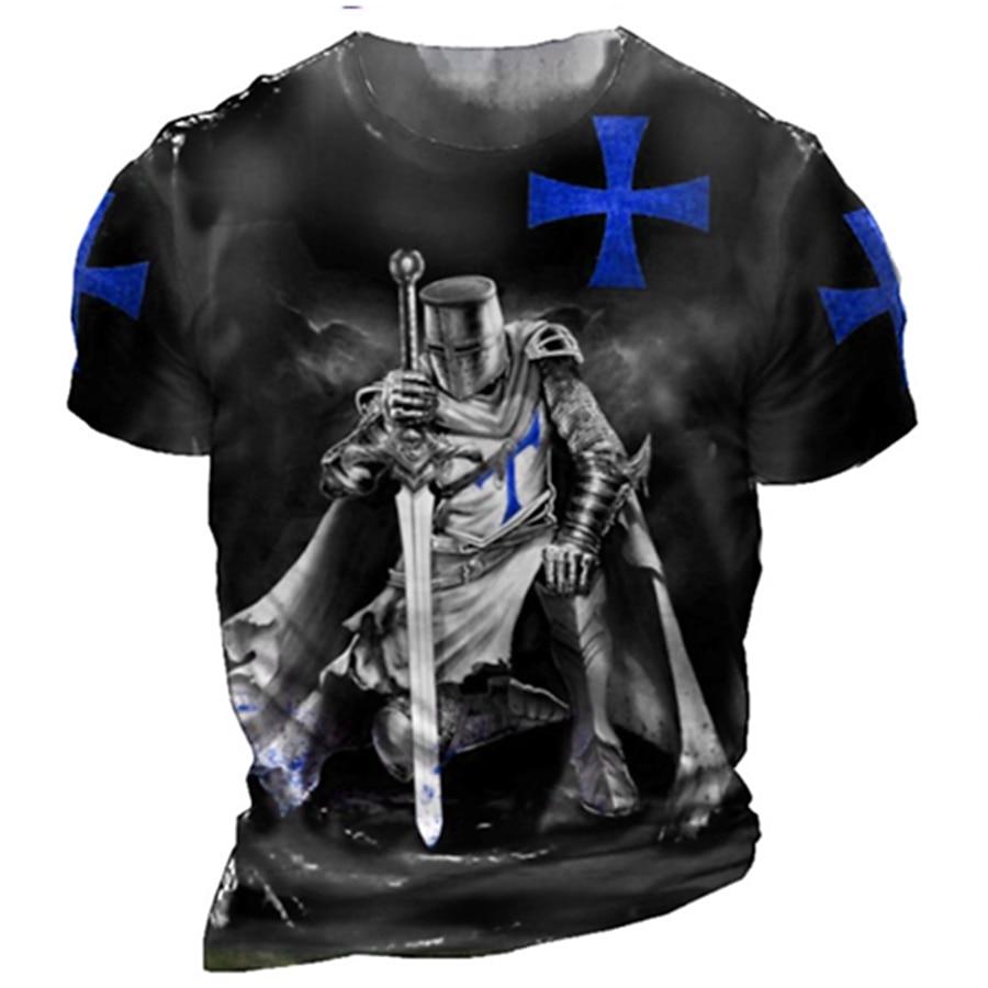 Men's Templar Cross Print Soldier T-shirt Christian T-shirt Short Sleeved T-shirt 3D Printed Round Neck Shirt