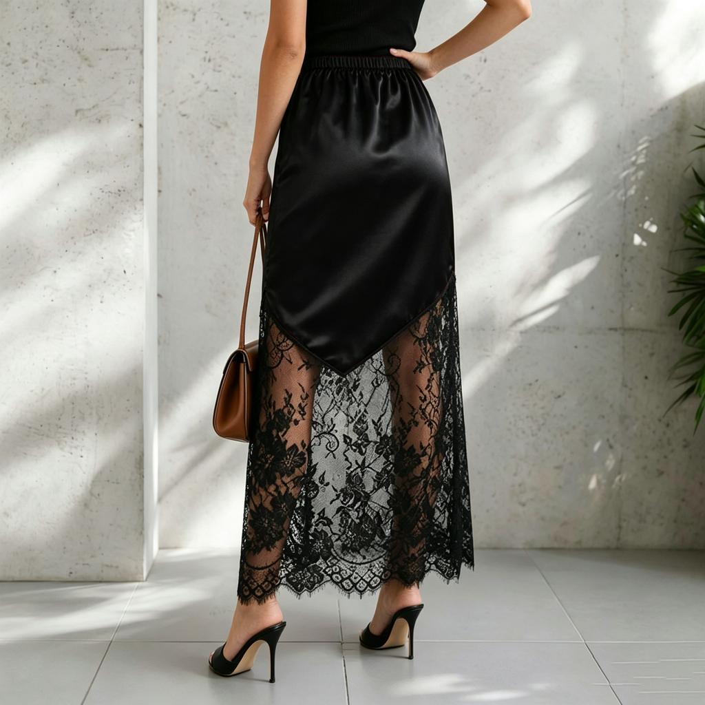 Women's Lace Maxi Skirt with Satin A-Line and High Elastic Waist for Daily Wear