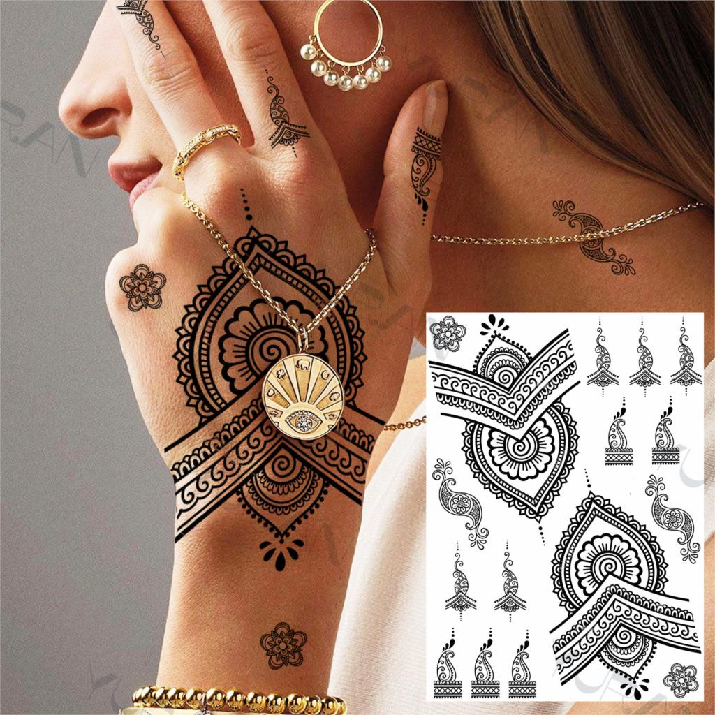 YURAN Women Girl Big Arm Owl Fake Tattoo Temporary Henna India Tatoo Stickers Custom Mandala Flower Black Turtle Tattoos Lace